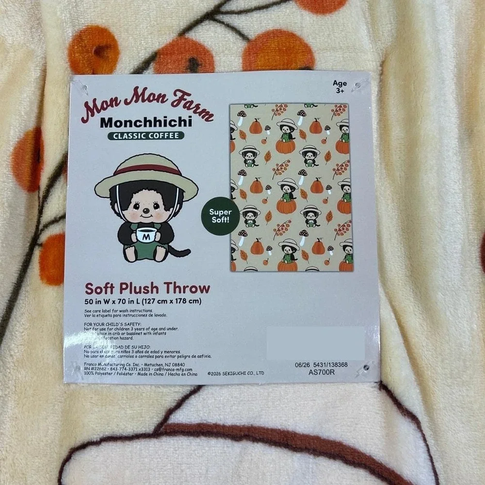 Monchhichi Mon Mon Farm Cream Fall Halloween Soft Plush Throw Blanket 50x70